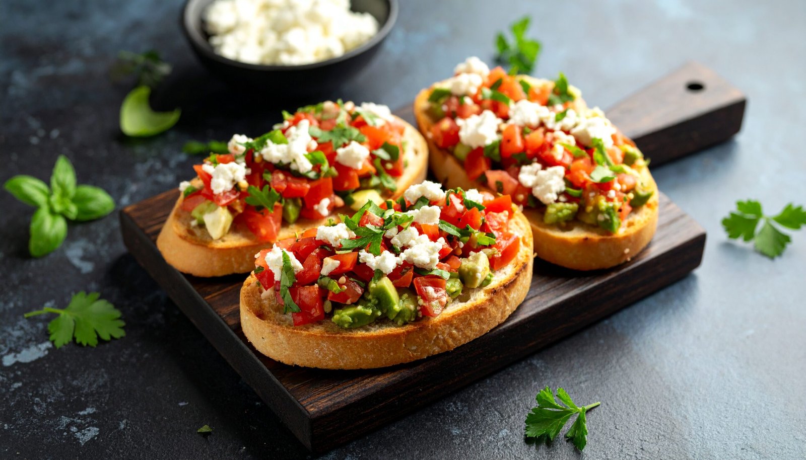 Tomato, Avocado & Goat Cheese Bruschetta on Focaccia