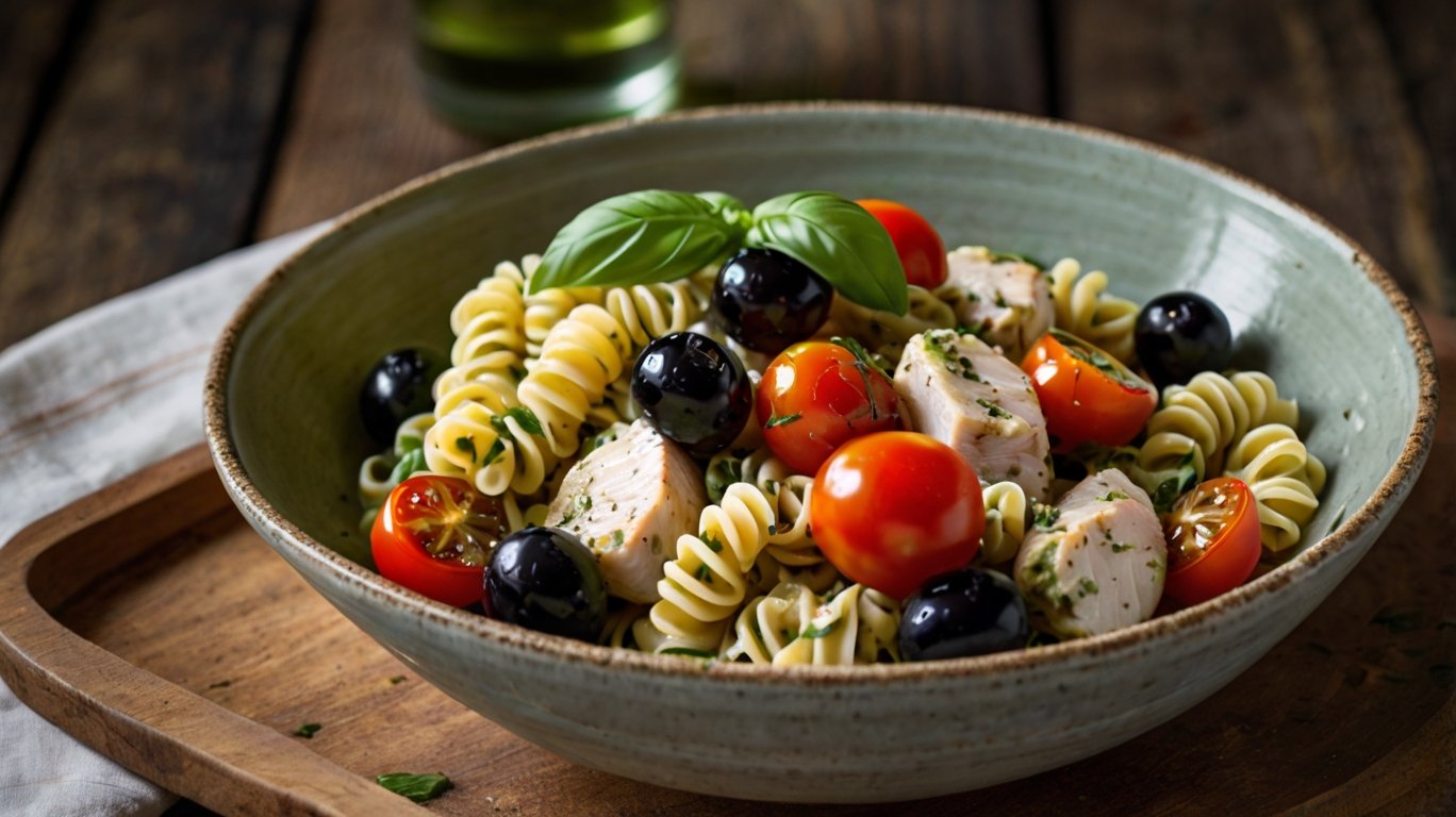 Chicken Pesto Pasta with Heirloom Tomatoes, Olives & Bocconcini