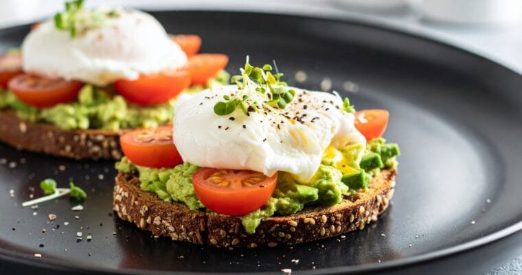 Avocado Toast with Poached Egg, Shaved Cucumber & Heirloom Grape Tomatoes
