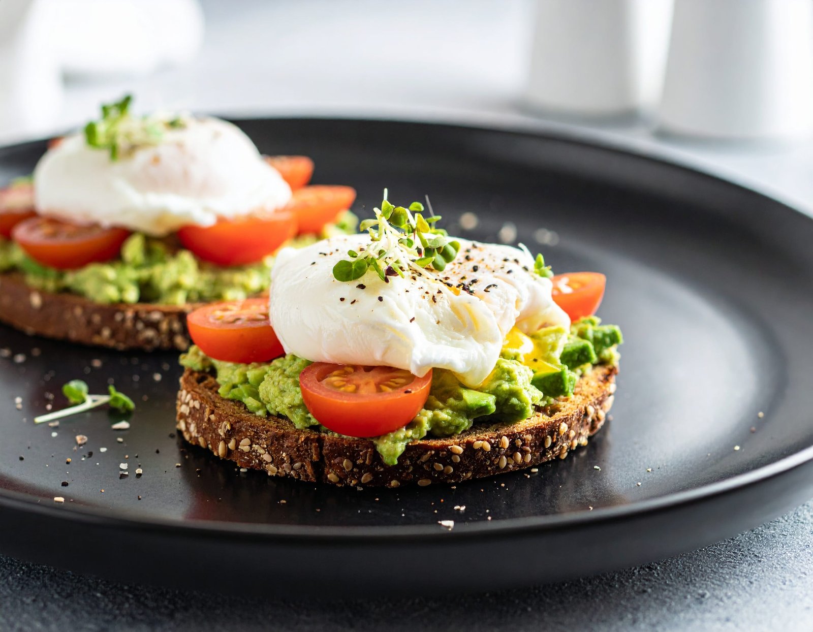 Avocado Toast with Poached Egg, Shaved Cucumber & Heirloom Grape Tomatoes