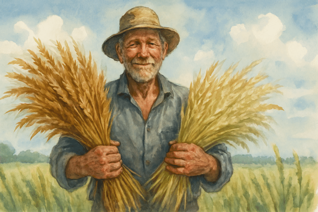 A watercolor painting depicting an elderly man standing in a wheat field.